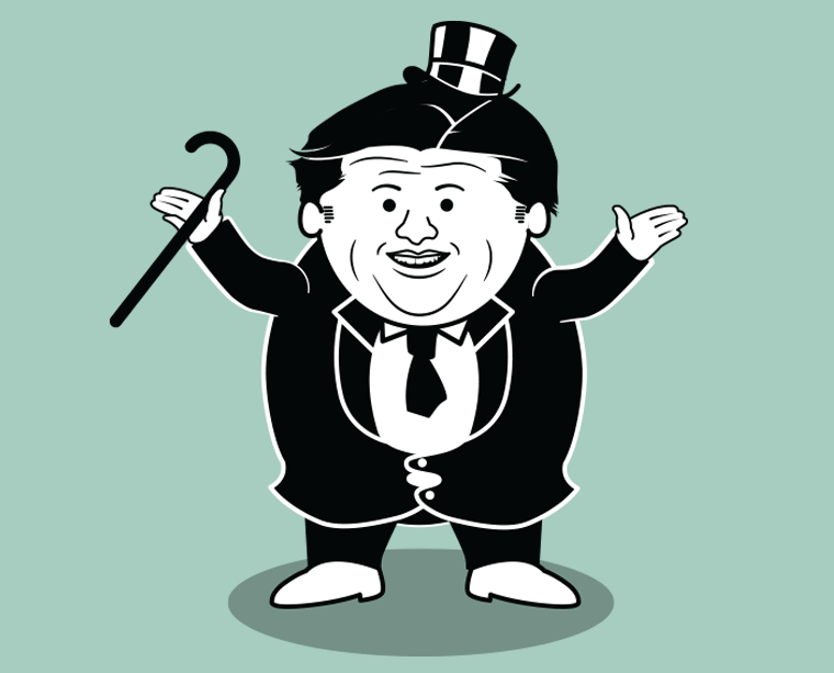 Cartoon icon of J.B. Pritzker dressed as a Monopoly-style tycoon in a top hat and tuxedo, holding a cane.